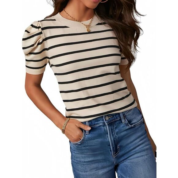Women’s Striped Short Sleeve Sweater - Picture 1 of 6